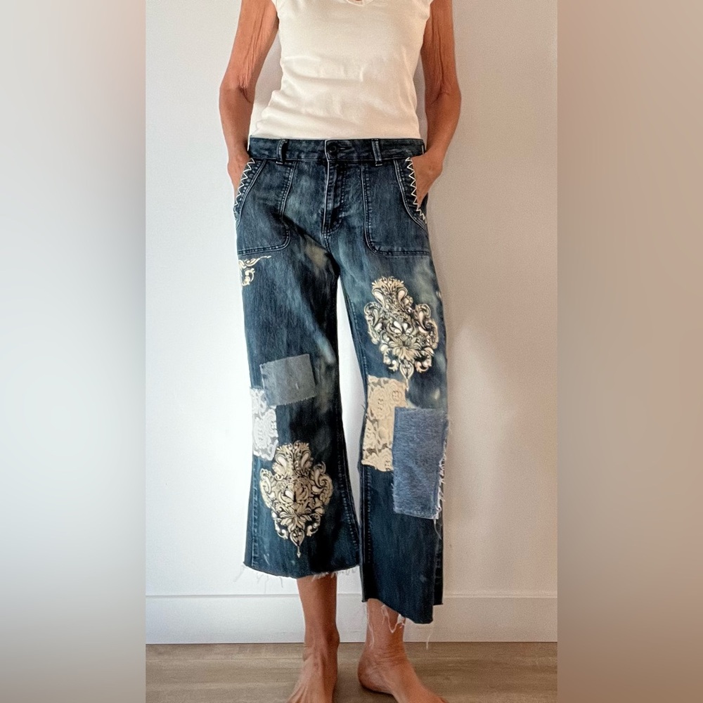 Upcycled Artistic Patchwork Flare Jeans, embroidery, painted, patched